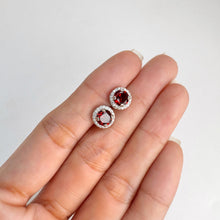 Load image into Gallery viewer, 6 mm. Round Cut Red Mozambican Garnet with Cz Halo Earrings
