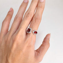 Load image into Gallery viewer, 5 x 7 mm. Octagon Cut Red Mozambican Garnet with Cz Halo Open Ring
