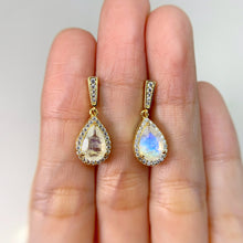 Load image into Gallery viewer, 6 x 9 mm. Pear Cut White Indian Moonstone with Cz Halo Drop Earrings
