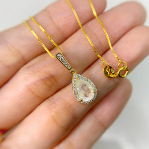 6 x 9 mm. Pear Cut White Indian Moonstone with Cz Halo Pendant and Necklace