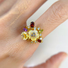 Load image into Gallery viewer, 8 mm. Carved Flower Yellow Mother of Pearl, Amethyst, Peridot, Garnet with Cz Accents Cluster Ring
