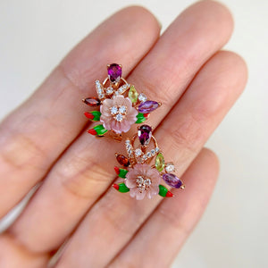 8 mm. Carved Flower Pink Mother of Pearl, Garnet, Amethyst and Peridot with Cz Accents Cluster Earrings