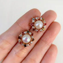 Load image into Gallery viewer, 9 mm. Freshwater Pearl and Tourmaline with Cz Accents Cluster Earrings
