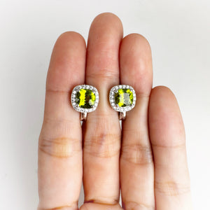 7 mm. Cushion Cut Green Pakistani Peridot with Cz Halo Earrings
