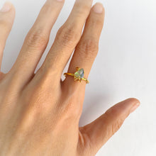 Load image into Gallery viewer, Handmade 6 x 7 mm. Freeform Multi-coloured Australian Opal with Sapphire Accents Ring
