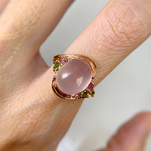Load image into Gallery viewer, 10 x 11 mm. Oval Cabochon Pink African Rose Quartz and Tourmaline Cluster Ring
