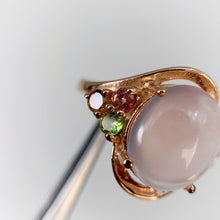 Load image into Gallery viewer, 10 x 11 mm. Oval Cabochon Pink African Rose Quartz and Tourmaline Cluster Ring
