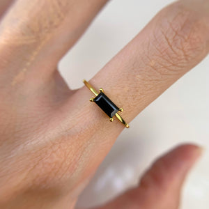 3 x 6 mm. Baguette Cut Black Thai Spinel Ring