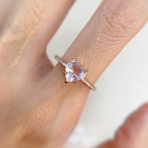 7 mm. Heart Cut Pink African Rose Quartz with Cz Band Ring
