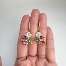 Load and play video in Gallery viewer, 8 mm. Carved Flower Mother of Pearl, Rhodolite Garnet with Cz Accents Drop Bee Earrings
