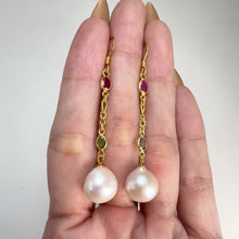 Load and play video in Gallery viewer, 3 x 4 mm. Oval Cut Multi-coloured Songea Sapphire and Baroque Freshwater Pearl Drop Earrings
