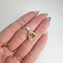 Load and play video in Gallery viewer, 8 mm. Trillion Cut Yellow Brazilian Citrine with Cz Halo Pendant and Necklace
