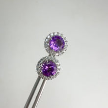 Load and play video in Gallery viewer, 6 mm. Round Cut Purple Uruguayan Amethyst with Cz Halo Earrings
