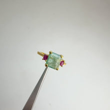 Load and play video in Gallery viewer, Handmade 6 x 7 mm. Octagon Cut Green Zambian Emerald with Ruby Accents Ring
