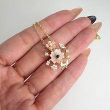 Load and play video in Gallery viewer, 10 mm. Carved Flower Pink Mother of Pearl with Cz Accents Cluster Pendant and Necklace
