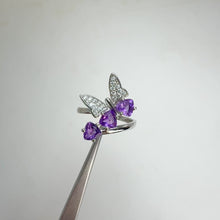 Load and play video in Gallery viewer, 5 mm. Trillion Cut Purple Uruguayan Amethyst with Cz Accents Butterfly Ring
