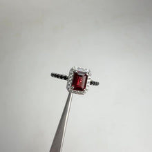 Load and play video in Gallery viewer, 5 x 7 mm. Octagon Cut Red Mozambican Garnet with Cz and Spinel Accents Ring
