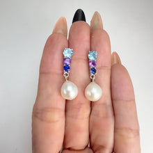 Load and play video in Gallery viewer, 9 mm. Freshwater Pearl, Topaz, Amethyst and Sapphire Drop Earrings
