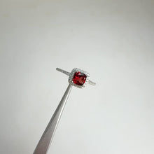 Load and play video in Gallery viewer, 5 mm. Cushion Cut Red Mozambican Garnet with Cz Halo Ring
