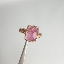 Load and play video in Gallery viewer, Handmade 10 x 12 mm. Freeform Cut Pink Brazilian Tourmaline with Sapphire Accents Ring (Blemished)
