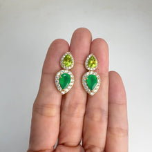 Load and play video in Gallery viewer, 6 x 9 mm. Pear Cut Green Botswana Agate and Peridot with Cz Halo Drop Earrings
