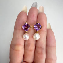 Load and play video in Gallery viewer, 7.5 x 8 mm. Freshwater Pearl and Amethyst Earrings
