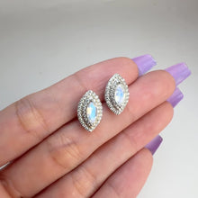 Load and play video in Gallery viewer, 3.5 x 7 mm. Marquise Cut White Indian Moonstone with Cz Halo Earrings
