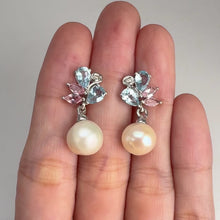 Load and play video in Gallery viewer, 9 mm. Freshwater Pearl, Topaz and Tourmaline Drop Earrings
