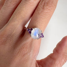 Load and play video in Gallery viewer, 7 x 9 mm. Oval Cabochon White Indian Moonstone with Cz Amethyst Accents Ring

