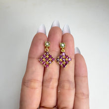 Load and play video in Gallery viewer, 3 mm. Round Cut Red Thai Ruby with Sapphire Accents Cluster Drop Earrings
