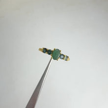 Load and play video in Gallery viewer, 4 x 6 mm. Oval Cut Green Zambian Emerald and Sapphire Cluster Ring
