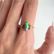 Load and play video in Gallery viewer, Handmade 3 x 8 mm. Baguette Cabochon Black Australian Opal and Sapphire Trilogy Ring
