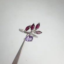 Load and play video in Gallery viewer, 5 x 7 mm. Pear Cut Purple Brazilian Amethyst and Rhodolite Garnet Cluster Ring (Blemished)
