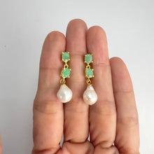 Load and play video in Gallery viewer, 8 mm. Freshwater Pearl and Emerald Drop Earrings
