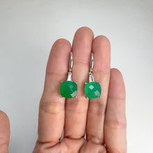 Load and play video in Gallery viewer, 10 mm. Cushion with Checkerboard Cut Green Botswana Agate with Cz Accents Drop Earrings
