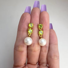 Load and play video in Gallery viewer, 9 mm. Freshwater Pearl and Peridot Drop Earrings

