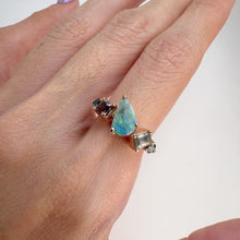 Load and play video in Gallery viewer, Handmade 6 x 9 mm. Freeform Black Lightning Ridge Australian Opal, Spinel and Sapphire Cluster Ring
