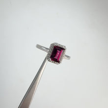 Load and play video in Gallery viewer, 5 x 7 mm. Octagon Cut Purple African Rhodolite Garnet with Cz Halo Ring
