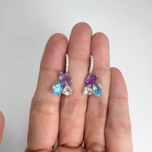 Load and play video in Gallery viewer, 5 x 7 mm. Pear Cut Purple Brazilian Amethyst and Topaz with Cz Accents Cluster Drop Earrings
