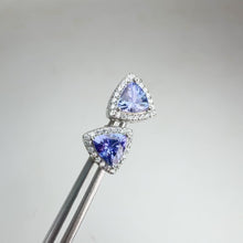 Load and play video in Gallery viewer, 6 mm. Trillion Cut Blue Violet Tanzanite with Cz Halo Earrings
