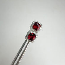 Load and play video in Gallery viewer, 5 mm. Cushion Cut Red Mozambican Garnet with Cz Halo Earrings
