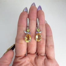 Load and play video in Gallery viewer, 8 x 12 mm. Pear Cut Yellow Brazilian Citrine, Amethyst, Peridot and Topaz Cluster Drop Earrings
