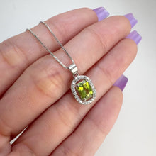 Load and play video in Gallery viewer, 5 x 7 mm. Cushion Cut Green Pakistani Peridot with Cz Accents Pendant and Necklace
