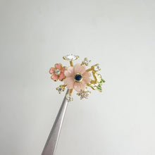 Load and play video in Gallery viewer, 10 mm. Carved Flower Pink Mother of Pearl with Cz and Enamel Accents Cluster Ring
