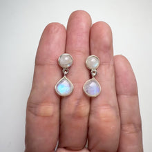 Load and play video in Gallery viewer, 8 mm. Pear Cabochon White Indian Moonstone Drop Earrings
