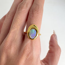 Load and play video in Gallery viewer, Handmade 7 x 9.5 mm. Oval Cabochon Multi-coloured Australian Opal Ring
