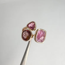 Load and play video in Gallery viewer, Handmade 7 x 9 mm. Freeform Rosecut Pink Brazilian Tourmaline Cluster Open Ring (Blemished)
