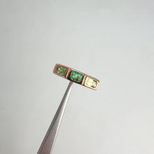 Load and play video in Gallery viewer, Handmade 3 x 4 mm. Baguette Cut Green Colombian Emerald and Sapphire Trilogy Ring
