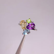 Load and play video in Gallery viewer, 6 x 9 mm. Pear Cut Yellow Brazilian Citrine, Amethyst, Topaz, Peridot Cluster Ring
