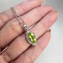 Load and play video in Gallery viewer, 5 x 10 mm. Marquise Cut Green Pakistani Peridot with Cz Halo Pendant and Necklace

